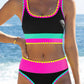 🏖️Hot Sale 50% OFF🌼Color Block Patchwork Nylon Sporty 3-Piece Bikini Set - High Waisted & Tummy Control Swimsuit👙🌈