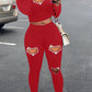 Two-Piece Set Women's Rhinestone Heart Decor Cut Out Crop Top & Skinny Pants Set, Long Sleeve Round Neck Top & Trousers Set for Fall & Winter, Women's Clothes for Daily Wear
