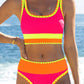 🏖️Hot Sale 50% OFF🌼Color Block Patchwork Nylon Sporty 3-Piece Bikini Set - High Waisted & Tummy Control Swimsuit👙🌈