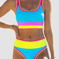 🏖️Hot Sale 50% OFF🌼Color Block Patchwork Nylon Sporty 3-Piece Bikini Set - High Waisted & Tummy Control Swimsuit👙🌈