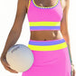 🏖️Hot Sale 50% OFF🌼Color Block Patchwork Nylon Sporty 3-Piece Bikini Set - High Waisted & Tummy Control Swimsuit👙🌈