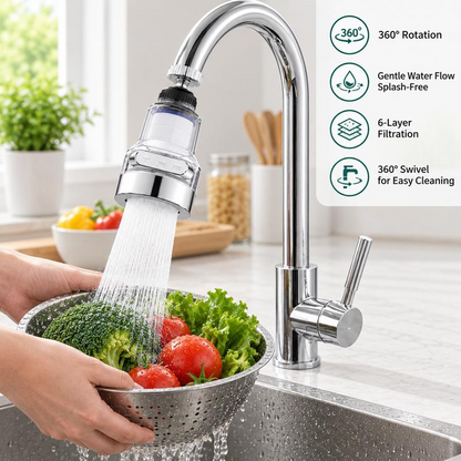 360° Rotating Faucet Aerator Filter 6-Layer Filtration 3 Water Modes Splash-Free for Kitchen Sink Fruit Vegetable Cleaning