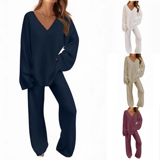Women's V-Neck Long Sleeve Sweater & Pants Set