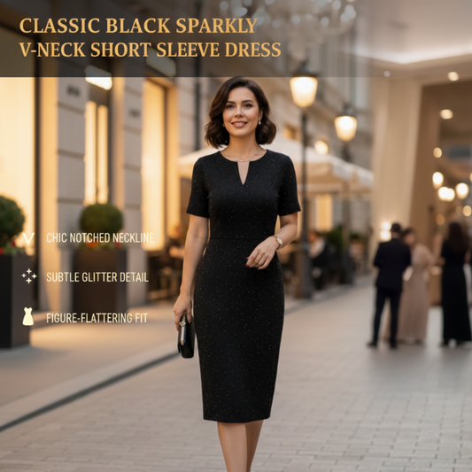 Classic Black Sparkly V-Neck Short Sleeve Dress