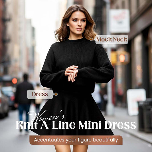 Women's Mock Neck Knit A-Line Mini Dress