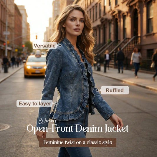 🧥 LIMITED-TIME 50% OFF! ✨ Women's Denim Jacket – Open-Front, Ruffle Trim, Lightweight, Classic Wash ✨