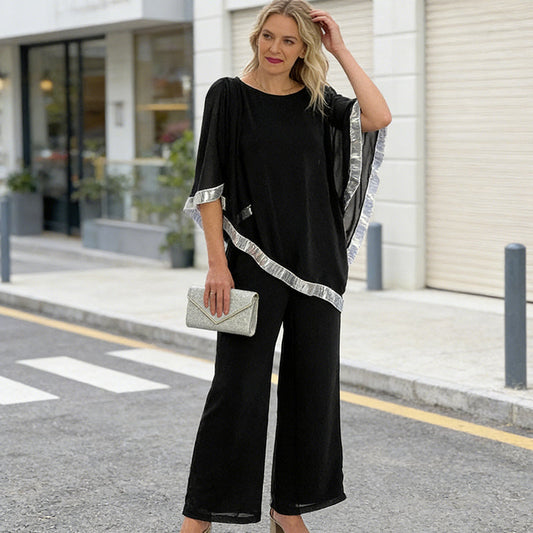 Elegant Sequin Trim Poncho Top & Wide-Leg Pants Set