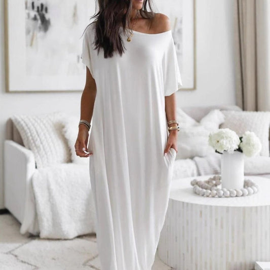 Women's Summer Casual Loose Solid Color Short-Sleeve Long Dress