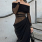 Women's Off-Shoulder Mesh Panel Draped Maxi Dress