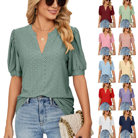 Loose Solid Color T-Shirt Top with Hollow Bubble Sleeves