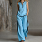 Women's Contrast Trim Sleeveless Top & Wide-Leg Pants Set