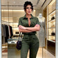 Women's Short Sleeve Button-Front Jumpsuit