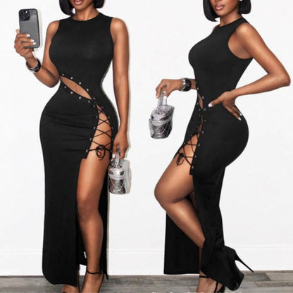 Women's Sleeveless Lace-Up Side Slit Maxi Dress